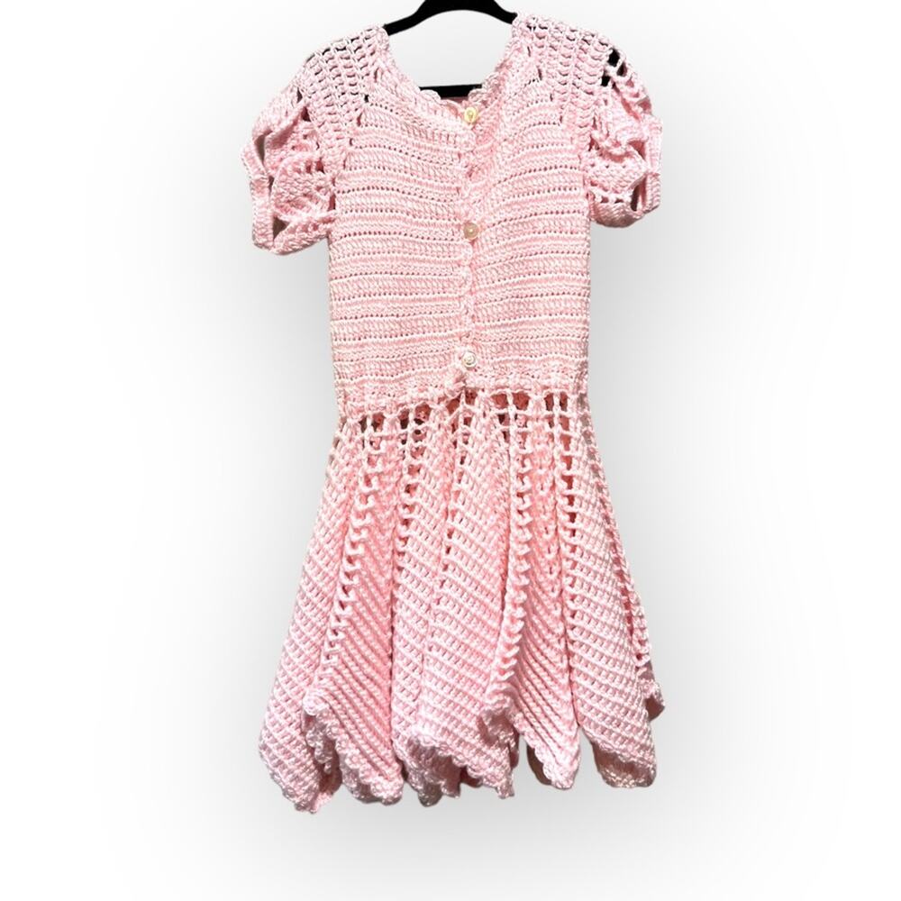 Grandma Crochet Pink Handkerchief Hem Sweater Dress sz Small - Picture 4 of 11